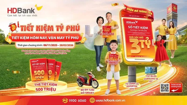 Gửi tiết kiệm HDBank với cơ hội trúng giải đặc biệt tới 3 tỷ đồng